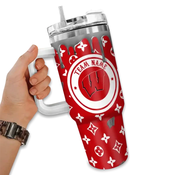 customized wisconsin badgers bullseye drips red curved tumbler fashion forward.webp
