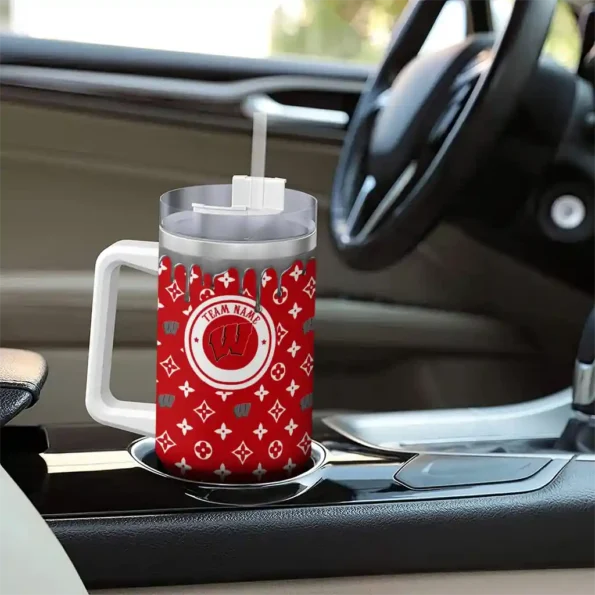 customized wisconsin badgers bullseye drips red curved tumbler trendy.webp