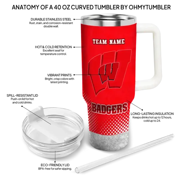 customized wisconsin badgers geometric prism red curved tumbler new arrival.webp