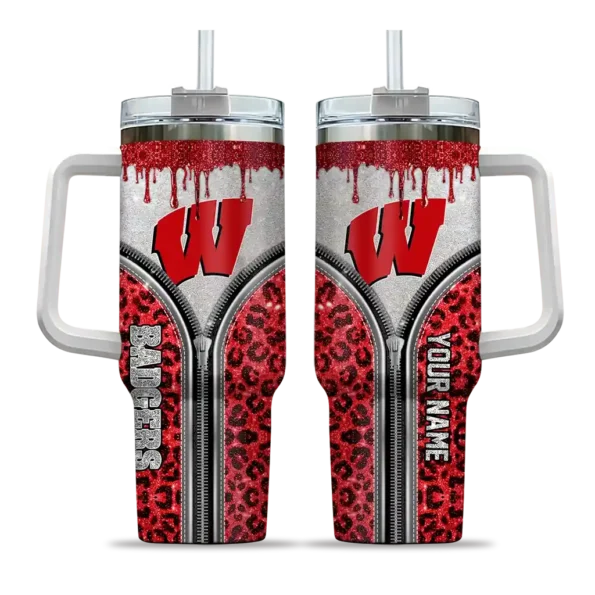 customized wisconsin badgers leopard zipper red curved tumbler best selling.webp