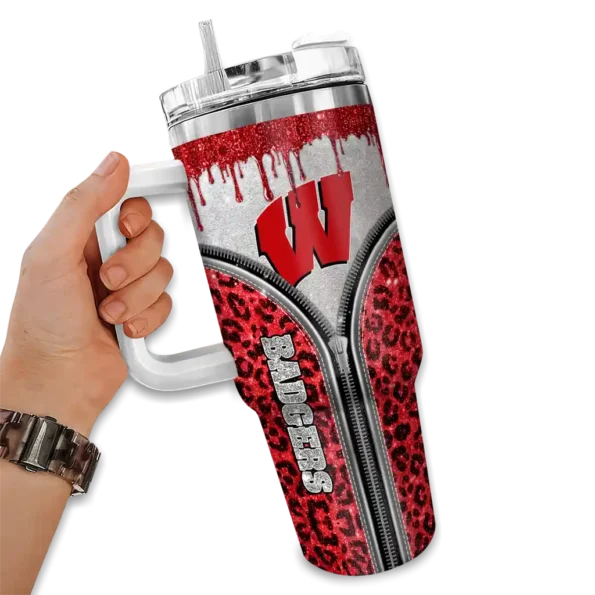 customized wisconsin badgers leopard zipper red curved tumbler fashion forward.webp