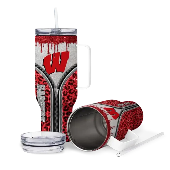 customized wisconsin badgers leopard zipper red curved tumbler high quality.webp
