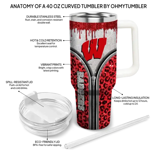 customized wisconsin badgers leopard zipper red curved tumbler new arrival.webp