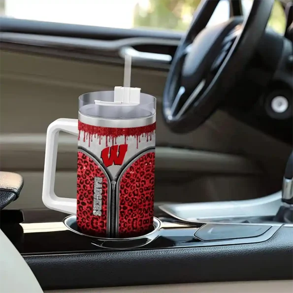 customized wisconsin badgers leopard zipper red curved tumbler trendy.webp