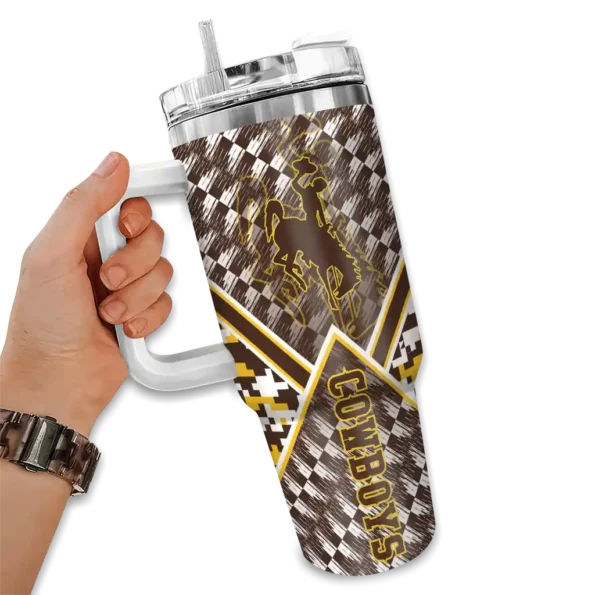 customized wyoming cowboys chevron angle brown curved tumbler fashion forward.webp