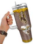 customized wyoming cowboys heart helmet motif brown curved tumbler best selling.webp