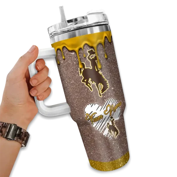 customized wyoming cowboys heart helmet motif brown curved tumbler fashion forward.webp