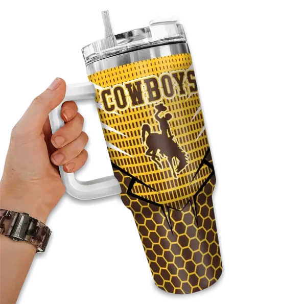 customized wyoming cowboys hex texture brown curved tumbler fashion forward.webp