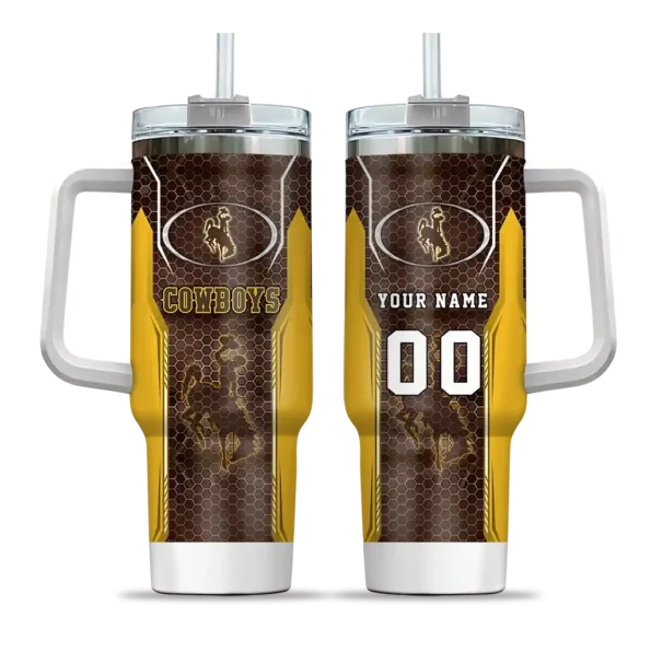 customized wyoming cowboys hexagon armor brown curved tumbler best selling.webp