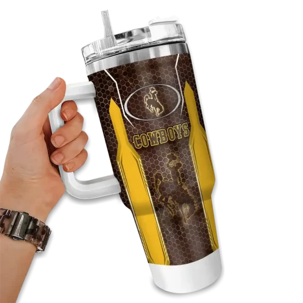 customized wyoming cowboys hexagon armor brown curved tumbler fashion forward.webp