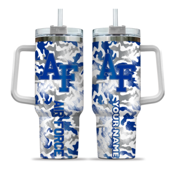 personalized air force falcons camo mashup blue white curved tumbler best selling.webp