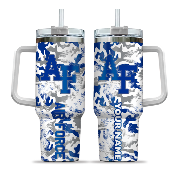 personalized air force falcons camo mashup blue white curved tumbler best selling.webp