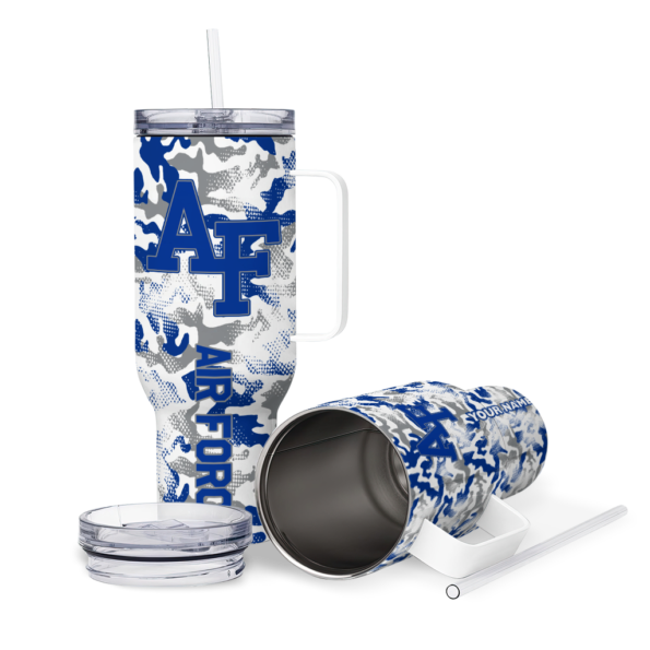 personalized air force falcons camo mashup blue white curved tumbler high quality.webp