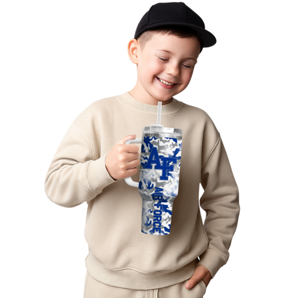 personalized air force falcons camo mashup blue white curved tumbler latest model.webp
