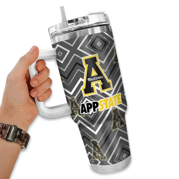 personalized appalachian state mountaineers bold diamonds black curved tumbler fashion forward.webp