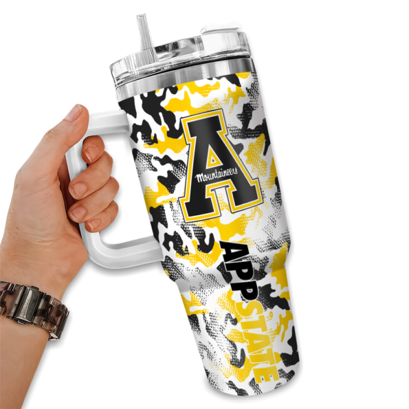 personalized appalachian state mountaineers camo mashup black white curved tumbler fashion forward.webp
