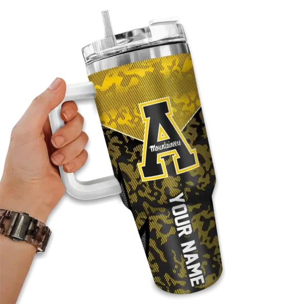 personalized appalachian state mountaineers chevron stripe black curved tumbler fashion forward.webp