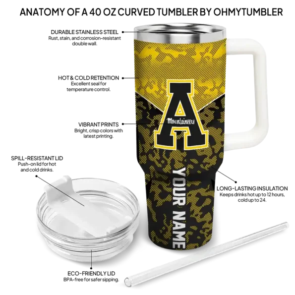 personalized appalachian state mountaineers chevron stripe black curved tumbler new arrival.webp