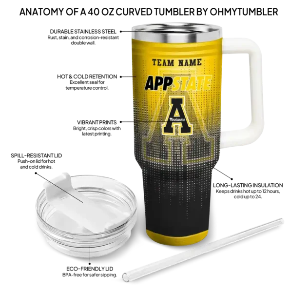 personalized appalachian state mountaineers gradient dots black curved tumbler new arrival.webp