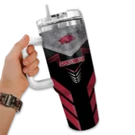personalized arkansas razorbacks arrow armor red black curved tumbler best selling.webp
