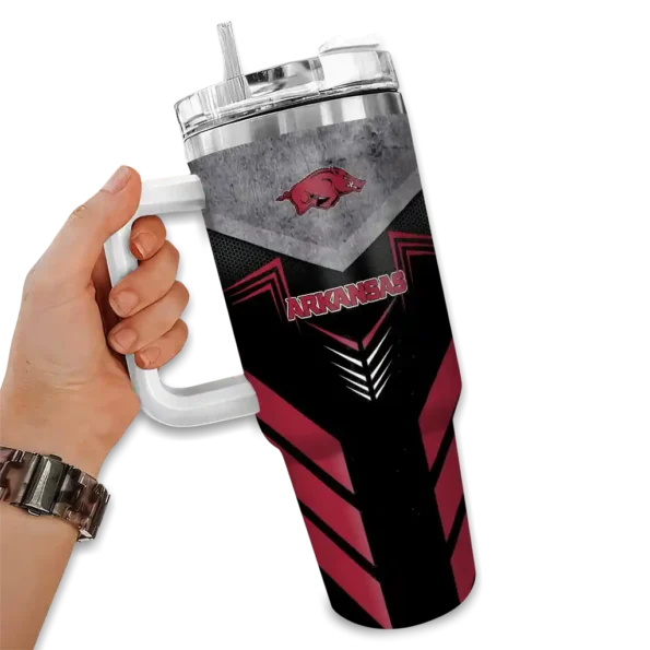 personalized arkansas razorbacks arrow armor red black curved tumbler fashion forward.webp