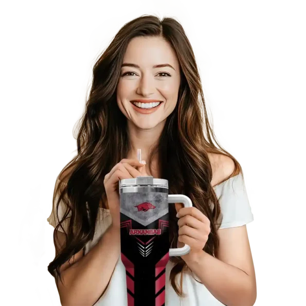 personalized arkansas razorbacks arrow armor red black curved tumbler premium grade.webp