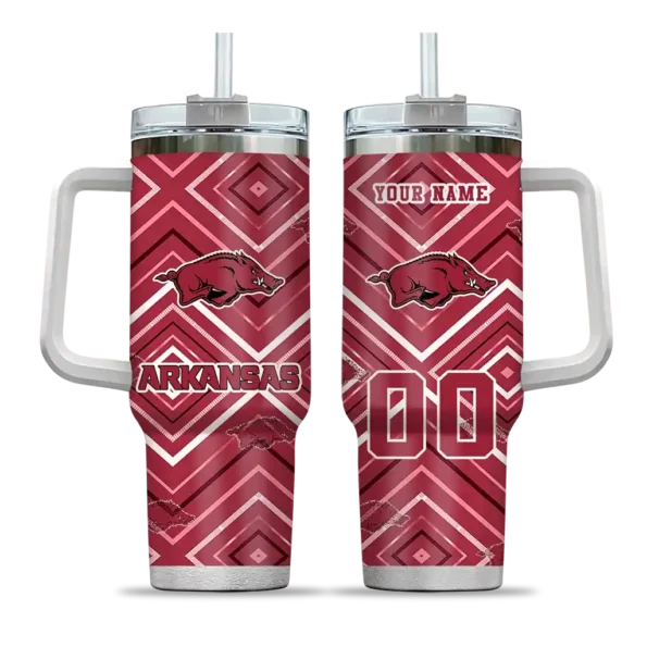 personalized arkansas razorbacks bold diamonds red curved tumbler best selling.webp