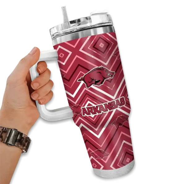 personalized arkansas razorbacks bold diamonds red curved tumbler fashion forward.webp