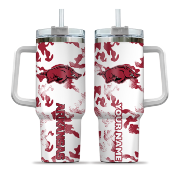 personalized arkansas razorbacks camo mashup red white curved tumbler best selling.webp