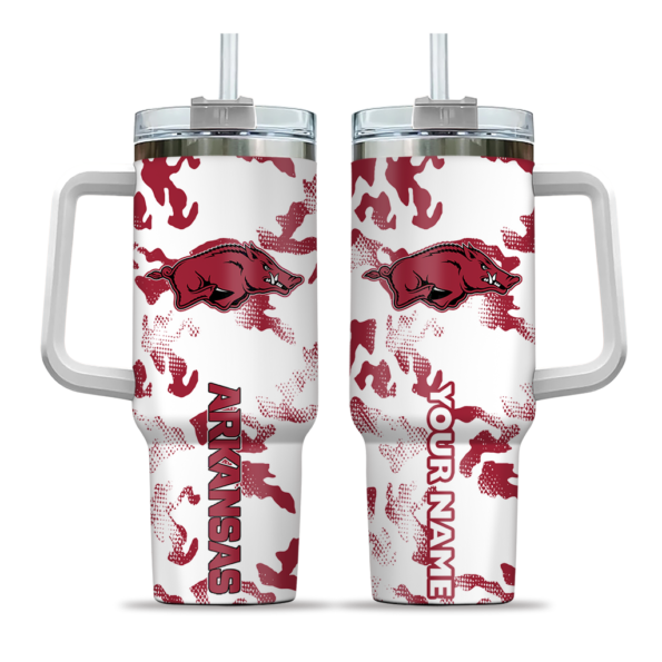 personalized arkansas razorbacks camo mashup red white curved tumbler best selling.webp