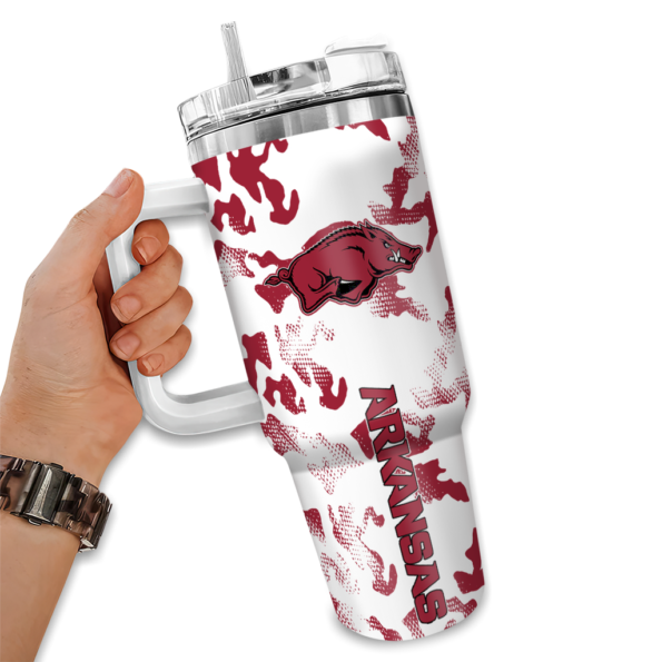 personalized arkansas razorbacks camo mashup red white curved tumbler fashion forward.webp