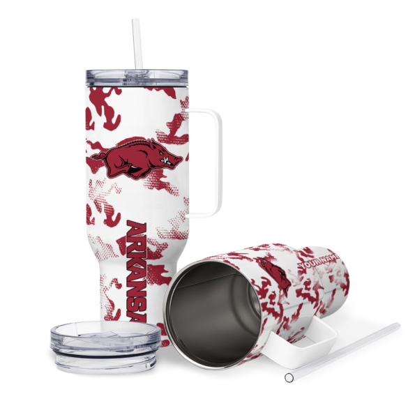 personalized arkansas razorbacks camo mashup red white curved tumbler high quality.webp