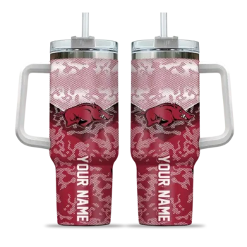 personalized arkansas razorbacks chevron stripe red curved tumbler best selling.webp