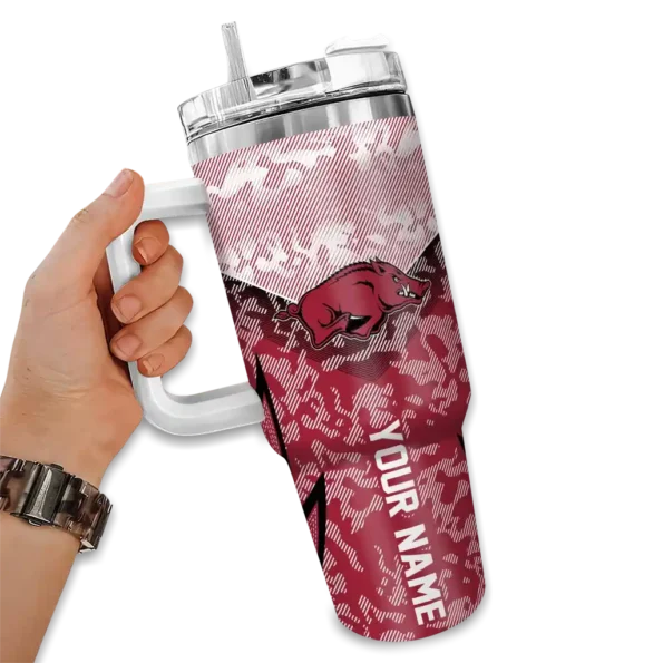 personalized arkansas razorbacks chevron stripe red curved tumbler fashion forward.webp
