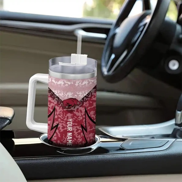 personalized arkansas razorbacks chevron stripe red curved tumbler trendy.webp