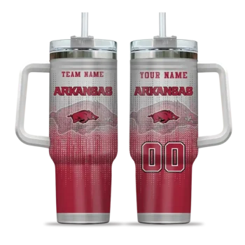 personalized arkansas razorbacks gradient dots red curved tumbler best selling.webp