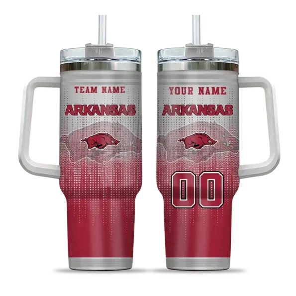 personalized arkansas razorbacks gradient dots red curved tumbler best selling.webp