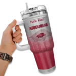 personalized arkansas razorbacks gradient dots red curved tumbler best selling.webp