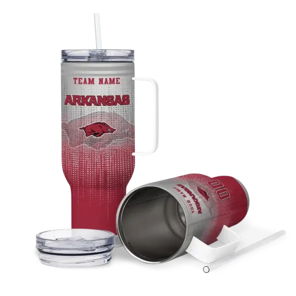 personalized arkansas razorbacks gradient dots red curved tumbler high quality.webp