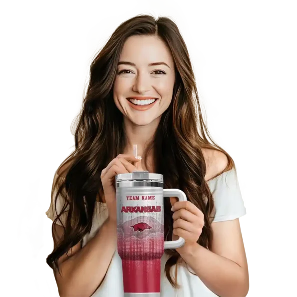 personalized arkansas razorbacks gradient dots red curved tumbler premium grade.webp