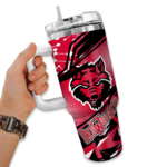 personalized arkansas state red wolves abstract paths scarlet curved tumbler best selling.webp