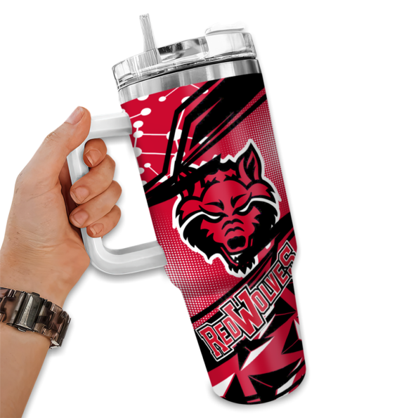 personalized arkansas state red wolves abstract paths scarlet curved tumbler fashion forward.webp