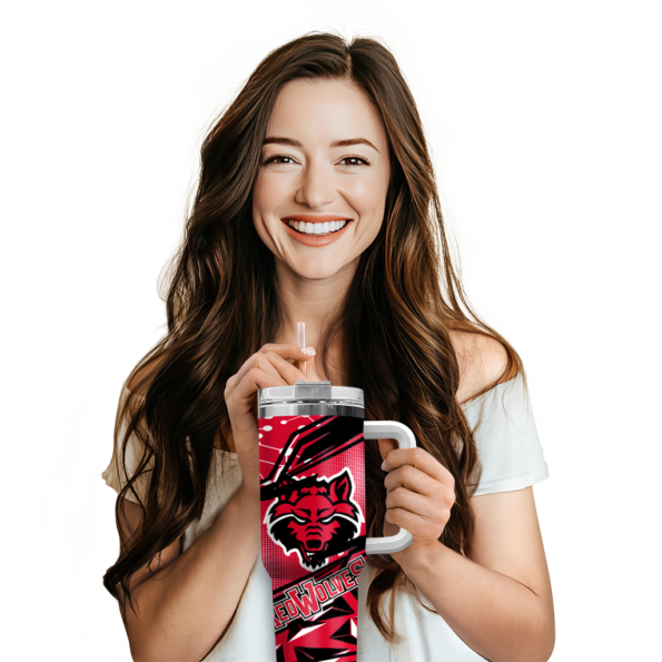 personalized arkansas state red wolves abstract paths scarlet curved tumbler premium grade.webp