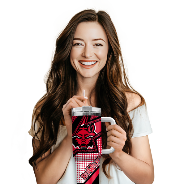 personalized arkansas state red wolves arrow burst scarlet curved tumbler premium grade.webp