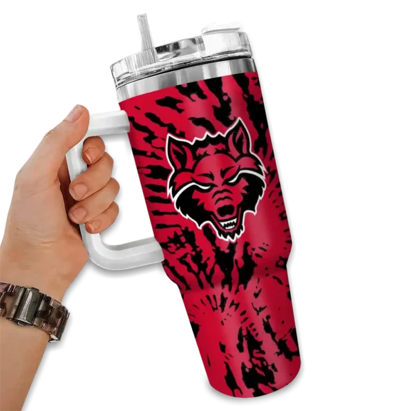 personalized arkansas state red wolves burst swirl scarlet curved tumbler fashion forward.webp