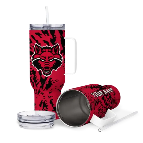 personalized arkansas state red wolves burst swirl scarlet curved tumbler high quality.webp