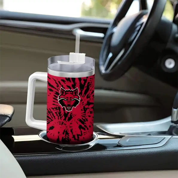 personalized arkansas state red wolves burst swirl scarlet curved tumbler trendy.webp