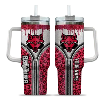 personalized arkansas state red wolves leopard zipper scarlet curved tumbler best selling.webp