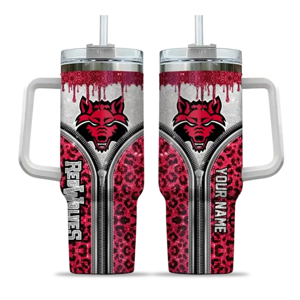 personalized arkansas state red wolves leopard zipper scarlet curved tumbler best selling.webp