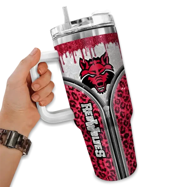personalized arkansas state red wolves leopard zipper scarlet curved tumbler fashion forward.webp